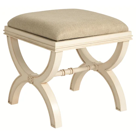 Small Stool Bench with Warm White Finish and Burlap Toned Seat